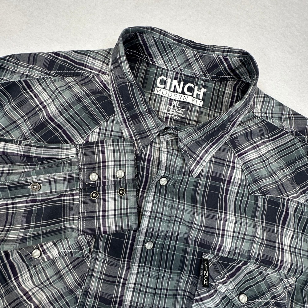 Cinch Western Shirt Mens XL Green Plaid Modern Fit Pearl Snap Long Sleeve Cowboy